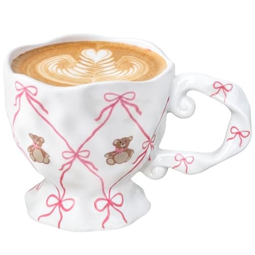 Cute Coffee Mug with Pink Bow Bear, Handmade Kawaii 14 oz Ceramic Mug for Tea Milk Latte Cocoa Funky Novelty Porcelain Cup